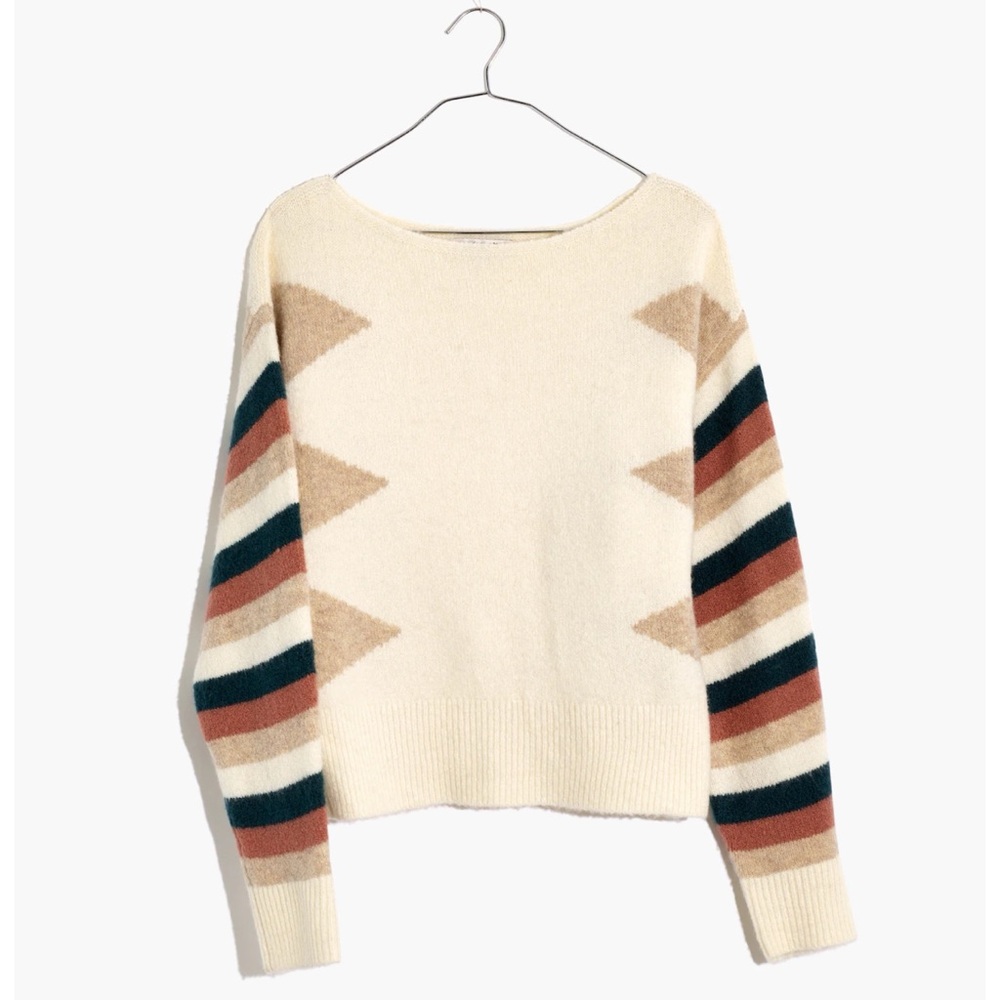 Madewell Stripe Sleeve Geo Pullover Sweater Alpaca Blend XS Cream